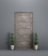 Single old iron front door. A doorway with plants in front. House entrance from outside. 3d rendering