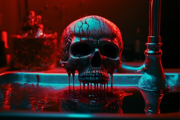Close Up Bloody Skull Over Chrome Sink Dripping Horror
