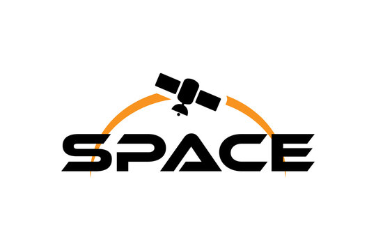 Word Space with satellite in orbit vector logo icon isolated on white background