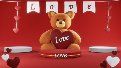 3D rendering of red podium for Valentine products on Valentine's Day.