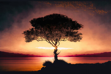 Beautiful Silhouette of Tree During Sunset Near The Body Of The Lake Watercolor - Generative AI