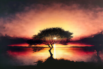 Body of Water During Sunset with Silhouette of Tree Watercolor - Generative AI