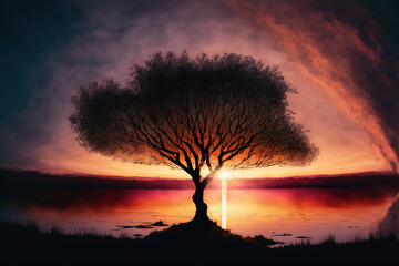 Fototapeta na wymiar Beautiful Lake During Sunset with Silhouette of Tree, Most Cloudy Watercolor - Generative AI