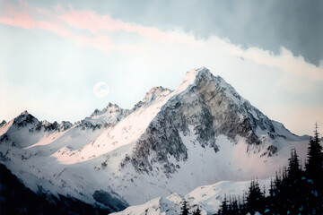 Beautiful Scenery Of Snowy Mountain Watercolor - Generative AI