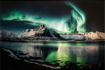 Fototapeta na wymiar Aurora Light, Snowy Borealis Mountain Reflecting on Lake - Watercolor - Generative AI 