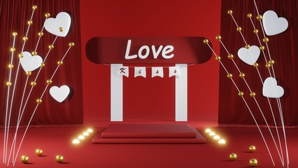 3D rendering of red podium for Valentine products on Valentine's Day.