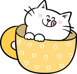Cute Cartoon Cat in Coffee Cup