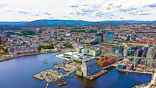 Oslo, Norway. City center from the air. Embankment Oslo Fjord. Bright cartoon style illustration. Aerial view
