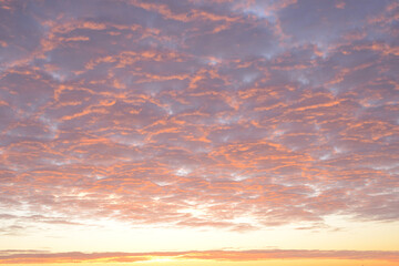 Vanilla sky. Morning sky, beautiful sunrise with cirrus or cirrus-cumulus clouds at dawn in purple, orange, yellow, gold and light gray tones