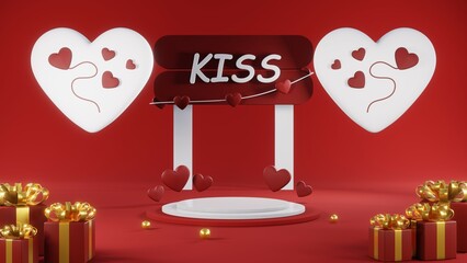 3D rendering of red podium for Valentine products on Valentine's Day.