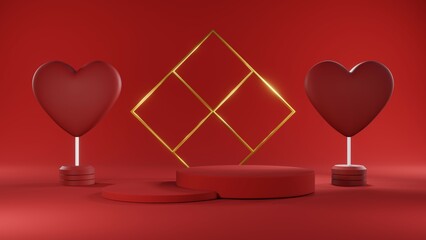 3D rendering of red podium for Valentine products on Valentine's Day.