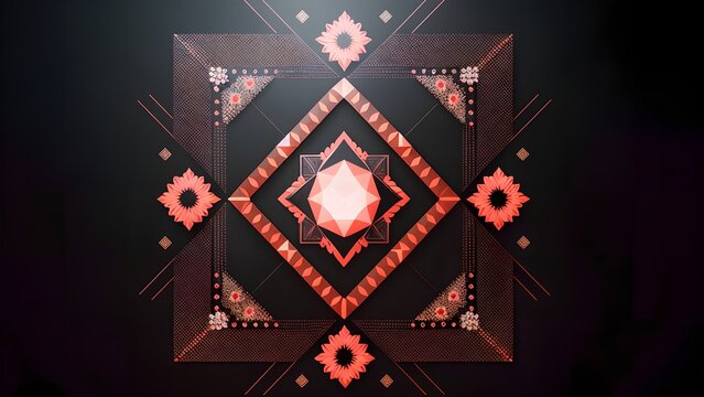red and black square pattern, geometry with flower,minimalist background