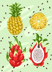 Trendy abstract art templates with fruit and geometric elements. Suitable for social media posts, mobile apps, banners design and web internet ads. Vector fashion backgrounds.