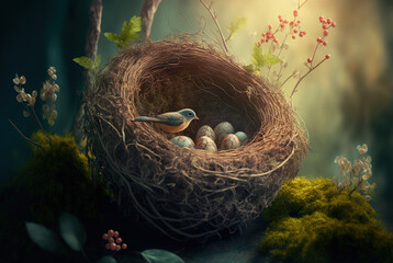 Naklejka na ściany i meble Bird nest with eggs, protecting eggs, generative AI
