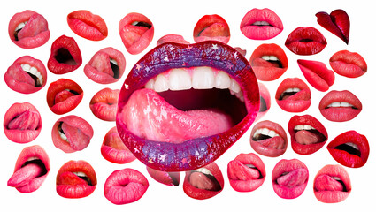 Sexy tongue licking sensual lips. Lips and mouth. Red lip background. Female lips. - obrazy, fototapety, plakaty