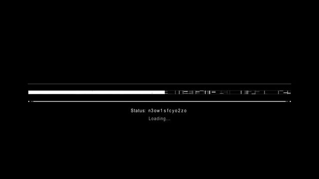Cyberpunk glitchy loading bar animation. Futuristic uploading progress bar with glitch effect isolated on black background. Computer cyberpunk loading screen with glitch effect. 