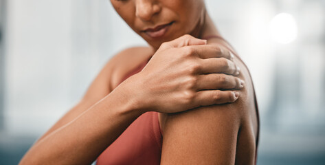 Closeup, fitness and black woman with shoulder pain, muscle ache and strain after training, workout and inflammation. African American lady, female and athlete with sports accident, torn and bruised - obrazy, fototapety, plakaty