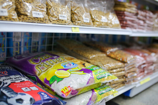 Nakhonsawan, Thailand - January 18, 2023: Picture of pet food in supermarket. Cat and dog food, Chicken food.