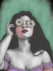 Faded old colorized portrait of brunette woman with daisies over her eyes, generative ai