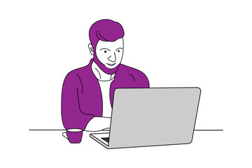 Illustration of a pupal color flat character boy laptop use with tea line art vector design