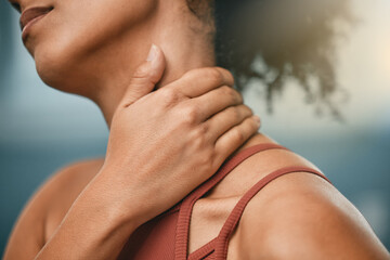 Fitness, injury and woman with neck pain from sports after gym accident, emergency and muscle...