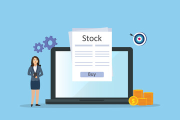 Businesswoman buy stock online on the laptop