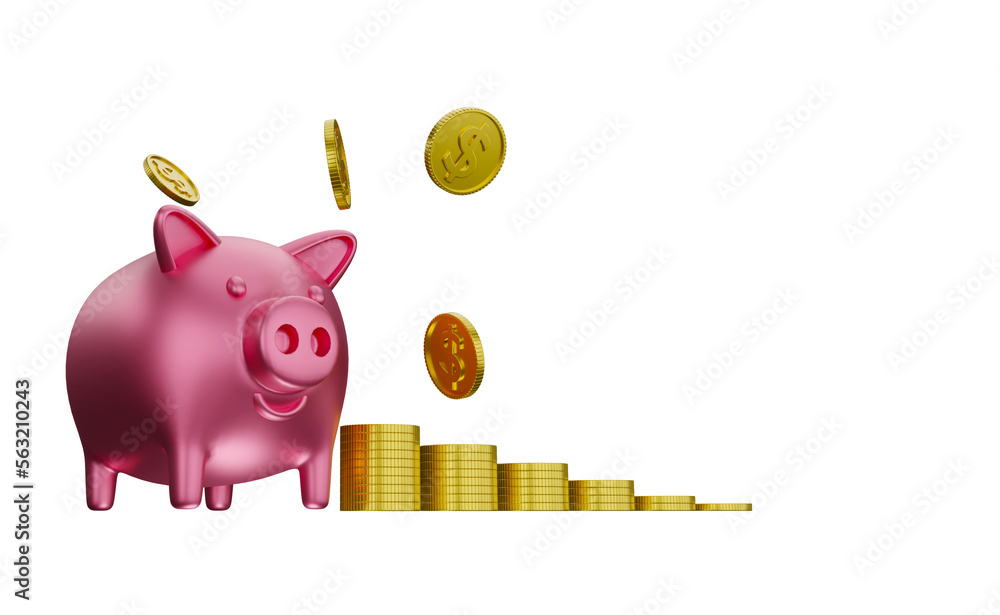 Poster 3d rendering piggy bank with coins illustration, copy space for text and transparency