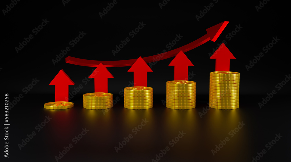Poster 3d render money dollar coin stack with red arrow up with black background concept saving, and financ