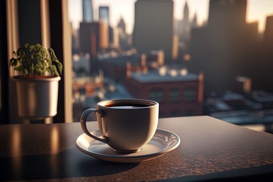 A cup of coffee on a balcony with a blurred cityscape and an empty copy space for background, website, or wallpaper generative ai