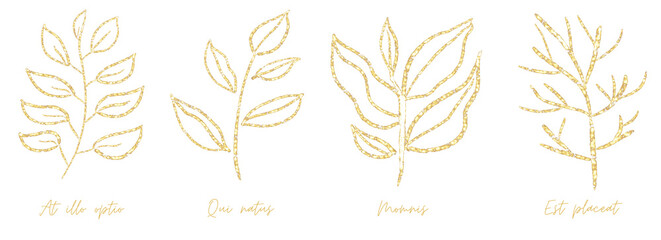 Fototapeta na wymiar Gold outline doodle art leaves