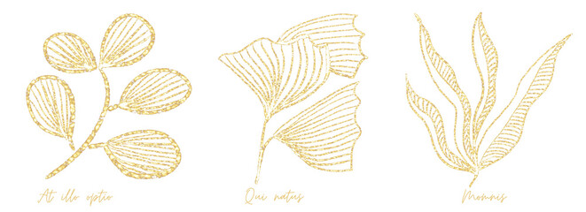 Gold outline doodle art leaves