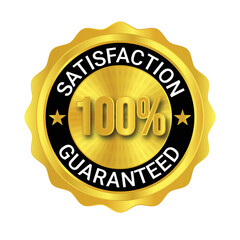 100% satisfaction guarantee gold seal with red ribbon.
