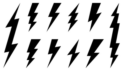 Set of 10 black lightnings flat icons. Thunderbolts icons isolated on white background. Vector illustration