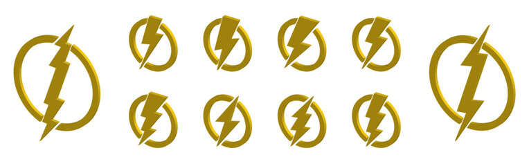 Obraz premium Set of 10 yellow lightnings in a circle 3d icons. Thunderbolts icons isolated on white background. Vector illustration