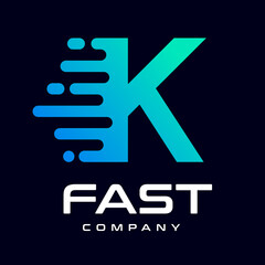 Modern Fast letter K vector logo. This font with speed or moving symbol and blue color. Suitable for motion, sport, delivery business and alphabet.