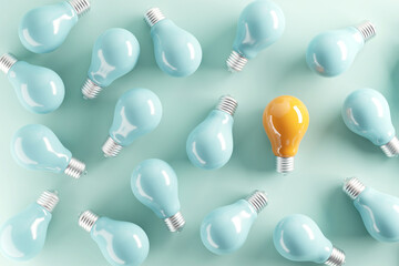 Minimal idea of yellow light bulb surrounded with blue bulbs on pastel background. 3d rendering. Idea creative Concept. Copy space.