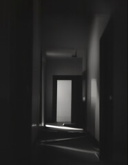An open door at the end of the hallway in old abandoned building. Darkness horror concept, dramatic film noir crime scene. Vertical shot, black and white image.