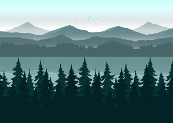 forests and lake landscape vector illustration