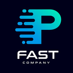 Modern Fast letter P vector logo. This font with speed or moving symbol and blue color. Suitable for motion, sport, delivery business and alphabet.