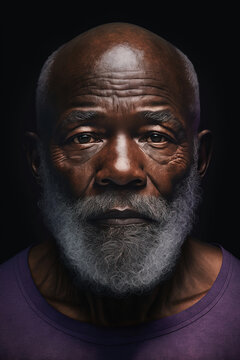 Portrait of a old black man in a purple shirt, created with generative A.I. technology.