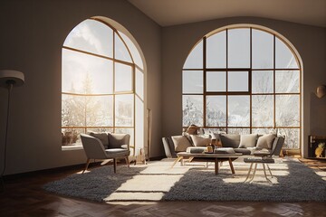 Luxurious Modern interior living room with large arched windows minimal staged furniture at golden hour Made with Generative Ai