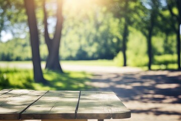 Empty outdoor cafe wooden table at night with a blurred background - perfect for background design or photography, generative ai