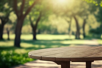 Fototapeta premium Empty outdoor cafe wooden table at night with a blurred background - perfect for background design or photography, generative ai