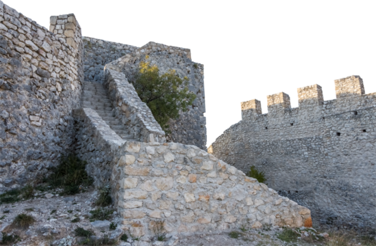 Isolated PNG cutout of medieval castle ruins on a transparent background, ideal for photobashing, matte-painting, concept art