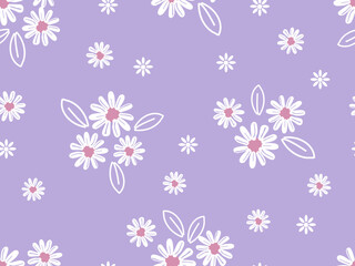Seamless pattern with daisy flower, branches and hand drawn hearts on purple background vector illustration.