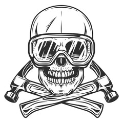 Skull with safety glasses builder crossed hammers from new construction and remodeling house business in monochrome vintage style illustration