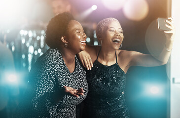 Women, laughing or phone selfie on party dance floor in nightclub event, bokeh disco or birthday celebration. Smile, happy or bonding friends on mobile photography for social media or profile picture