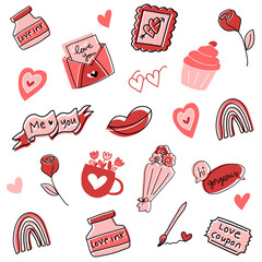 Valentines day doodle set, objects for concept and design, vector illustration flat. Heart, flower, rainbow, sweets, love letter on white background.
