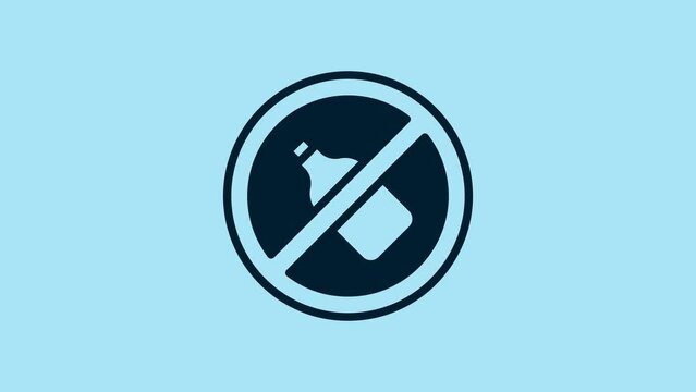 Blue No alcohol icon isolated on blue background. Prohibiting alcohol beverages. Forbidden symbol with beer bottle glass. 4K Video motion graphic animation