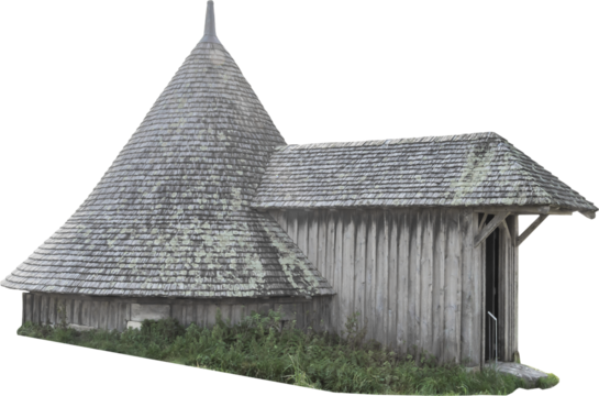 Isolated PNG cutout of a wooden medieval hut on a transparent background, ideal for photobashing, matte-painting, concept art